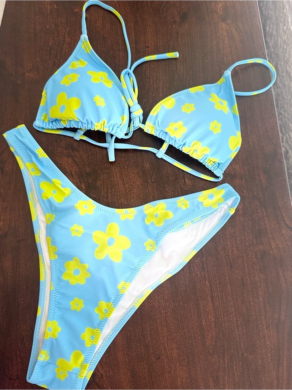 Blue Floral Triangle Bikini Set Women’s S Sexy Tie String Two Piece Swimwear